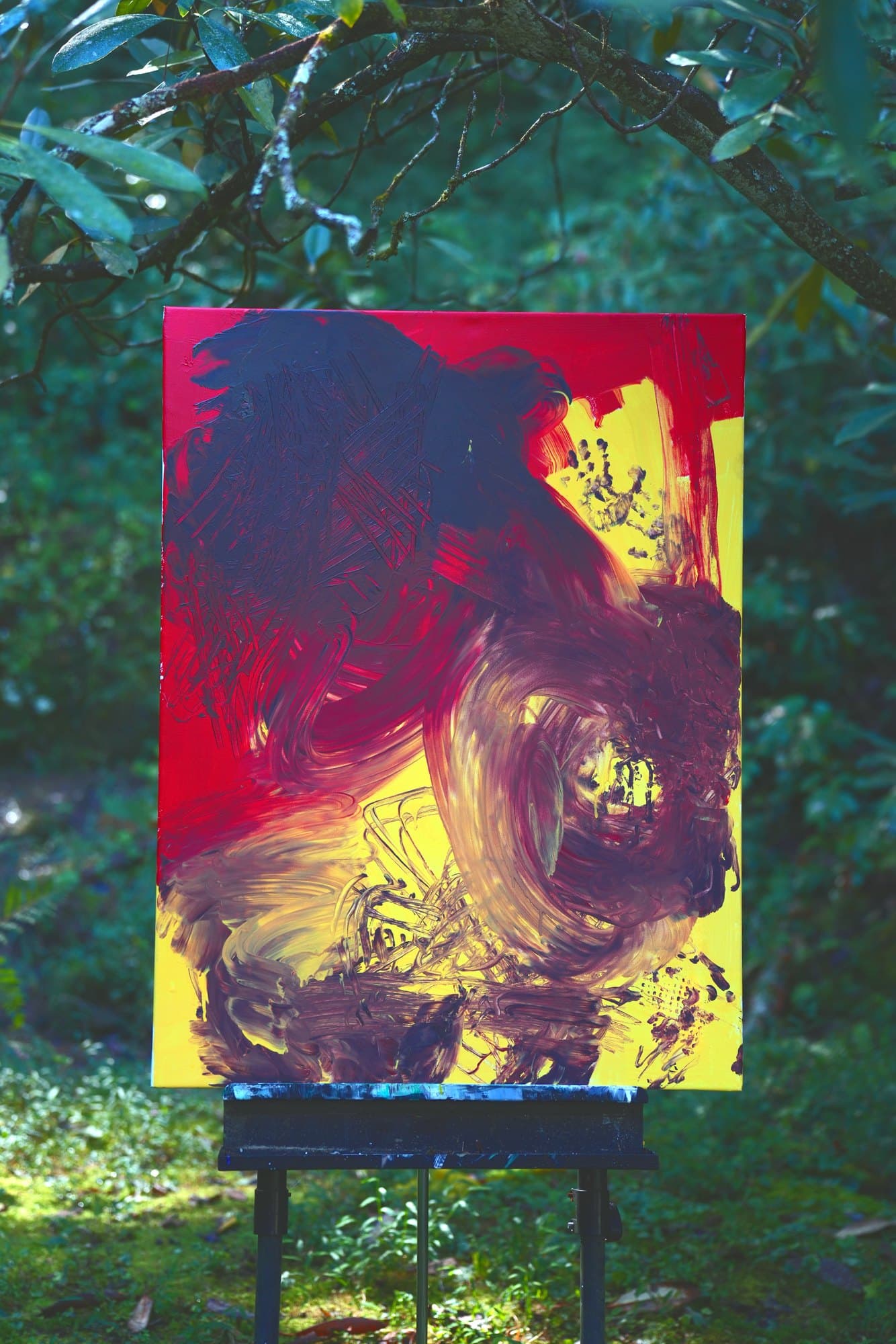 "No. L001" by LHG, LHG-2026-001, one-of-one original abstract painting, 30 x 40 in., photographed on the easel outdoors