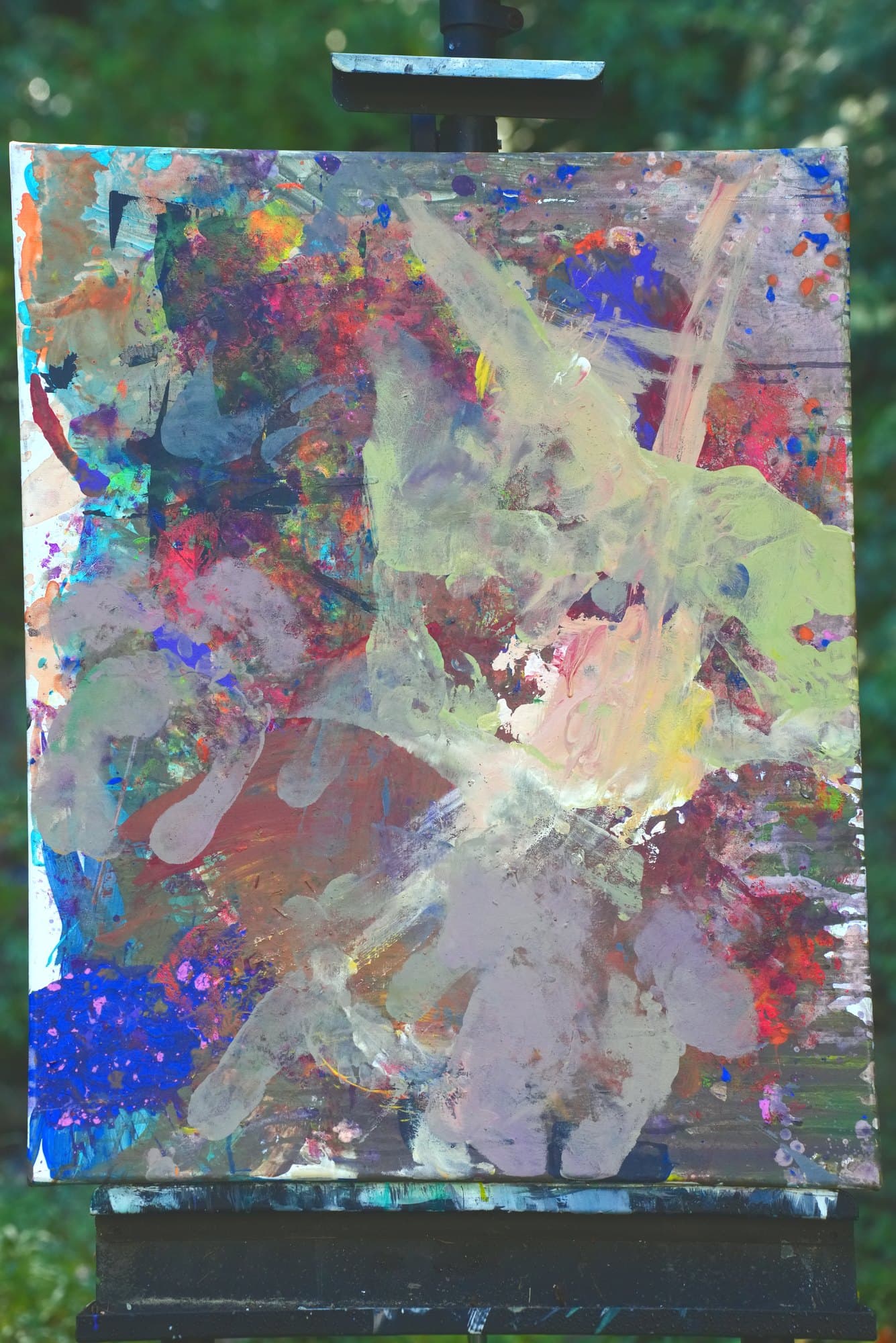 "No. F001" by Limsley, LIM-2026-001, one-of-one original abstract painting, 24 x 30 in., photographed on the easel outdoors