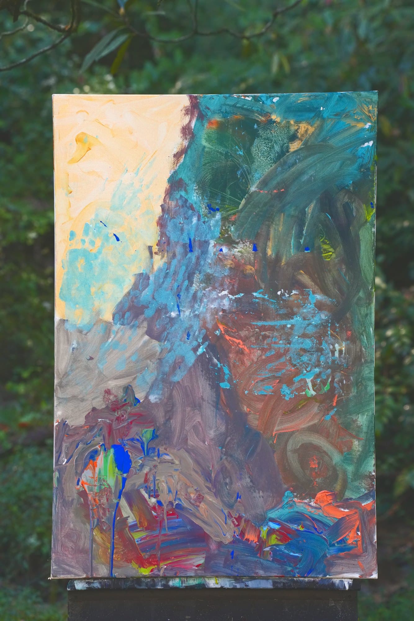 "No. L002" by LHG, LHG-2026-002, one-of-one original abstract painting, 24 x 36 in., photographed on the easel outdoors