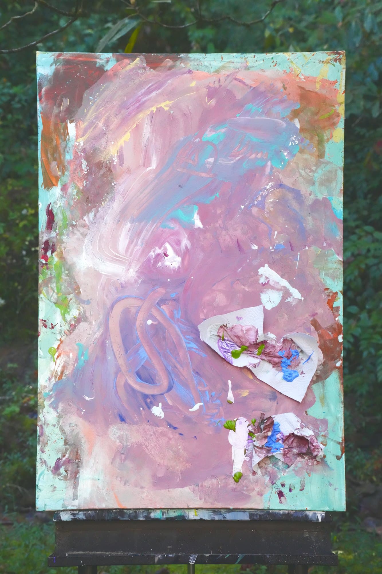"No. K001" by KHG, KHG-2026-001, one-of-one original abstract painting, 24 x 36 in., photographed on the easel outdoors