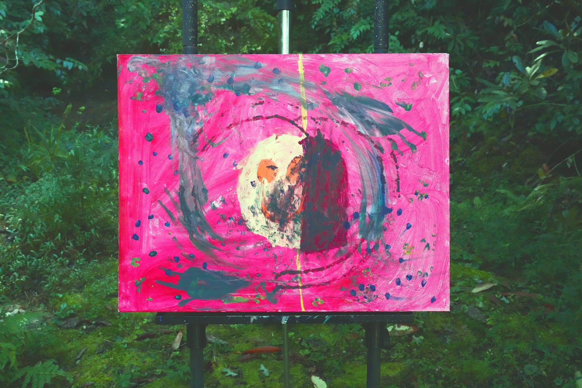 "No. K002" by KHG, KHG-2026-002, one-of-one original abstract painting, 28 x 22 in., photographed on the easel outdoors