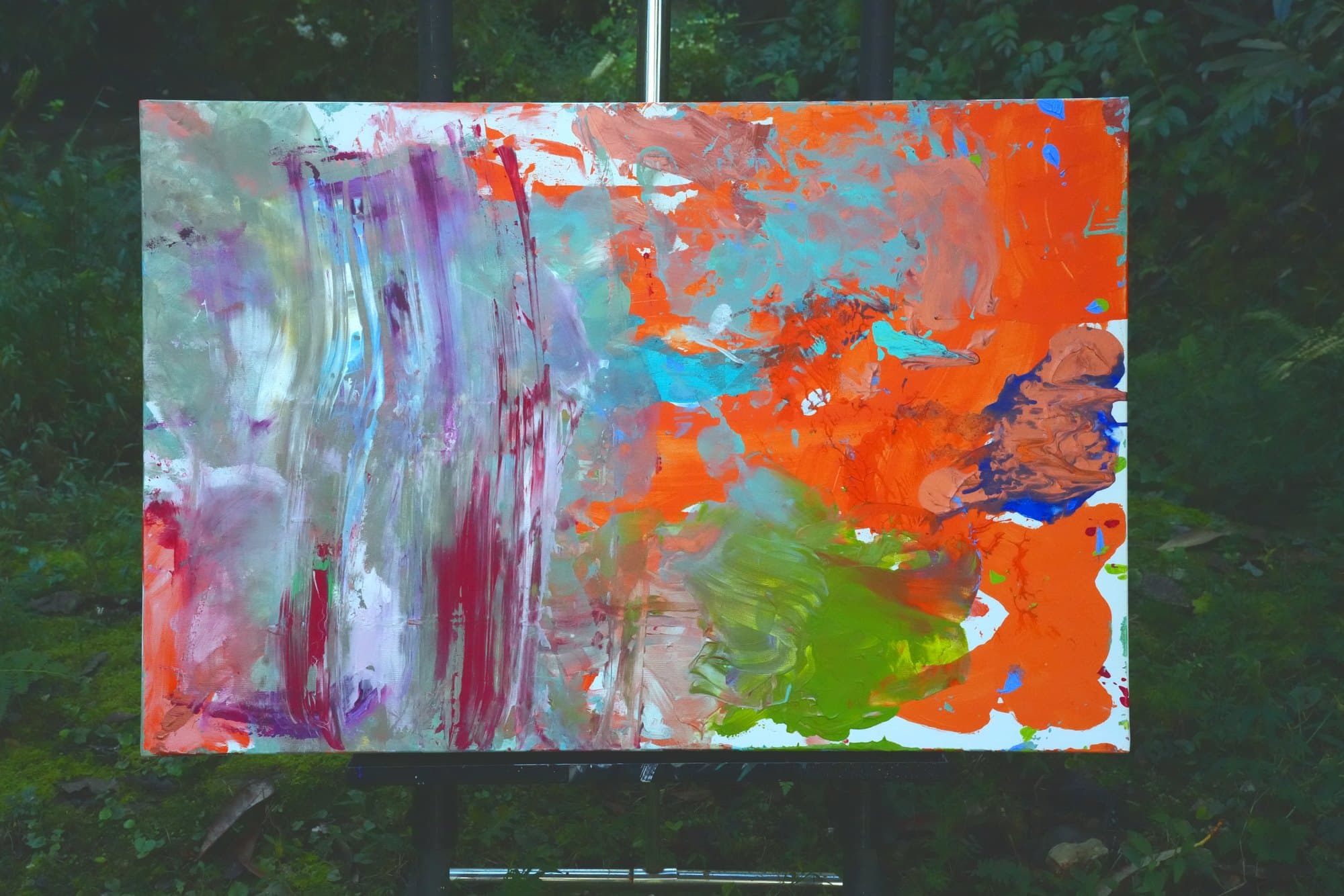 "No. F003" by Limsley, LIM-2026-003, one-of-one original abstract painting, 36 x 24 in., photographed on the easel outdoors