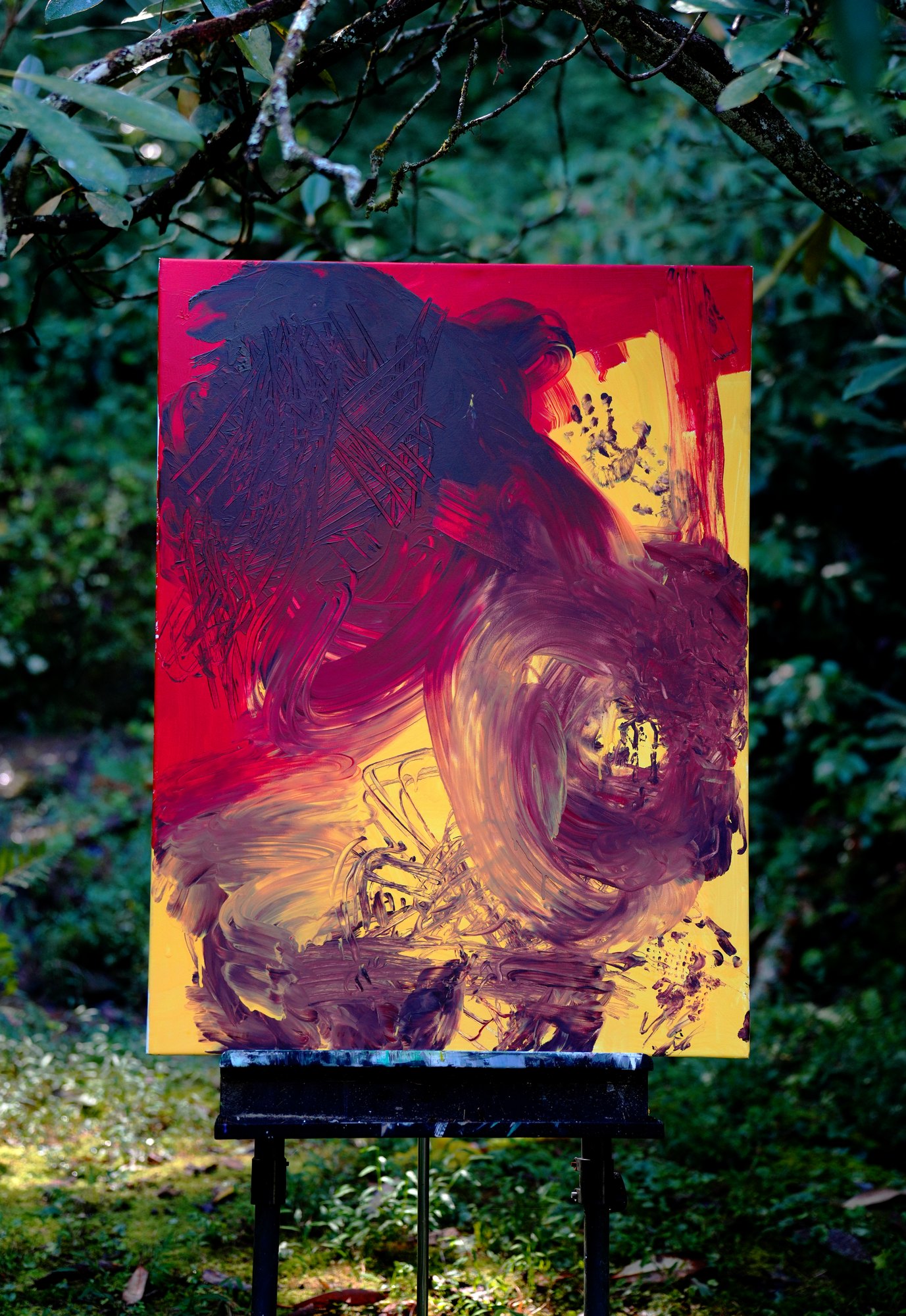 "No. L001" by LHG, LHG-2026-001, one-of-one original abstract painting, 30 x 40 in., photographed on the easel outdoors