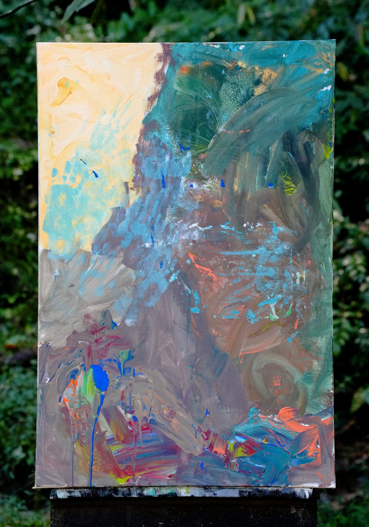 "No. L002" by LHG, LHG-2026-002, one-of-one original abstract painting, 24 x 36 in., photographed on the easel outdoors