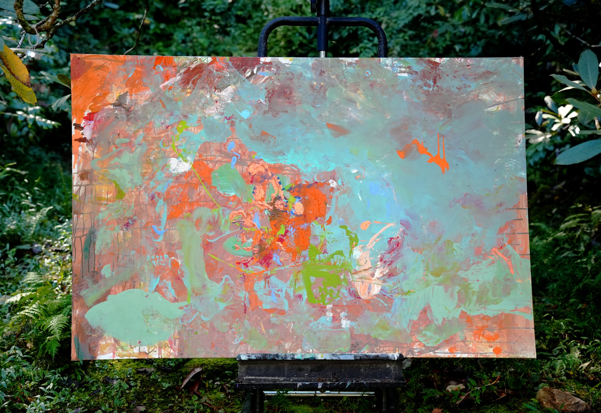 "No. L003" by LHG, LHG-2026-003, one-of-one original abstract painting, 60 x 40 in., photographed on the easel outdoors