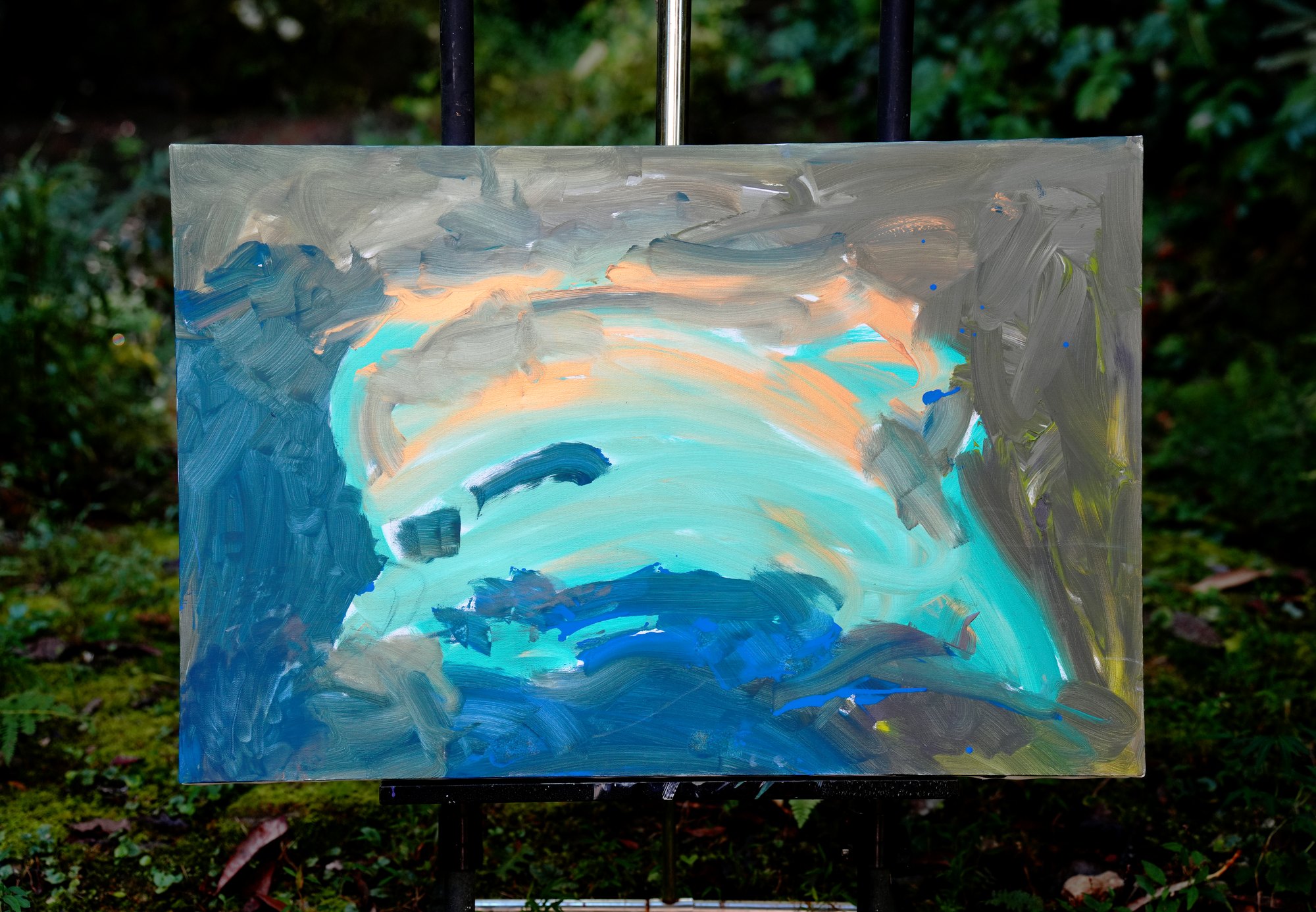 "No. L006" by LHG, LHG-2026-006, one-of-one original abstract painting, 36 x 24 in., photographed on the easel outdoors